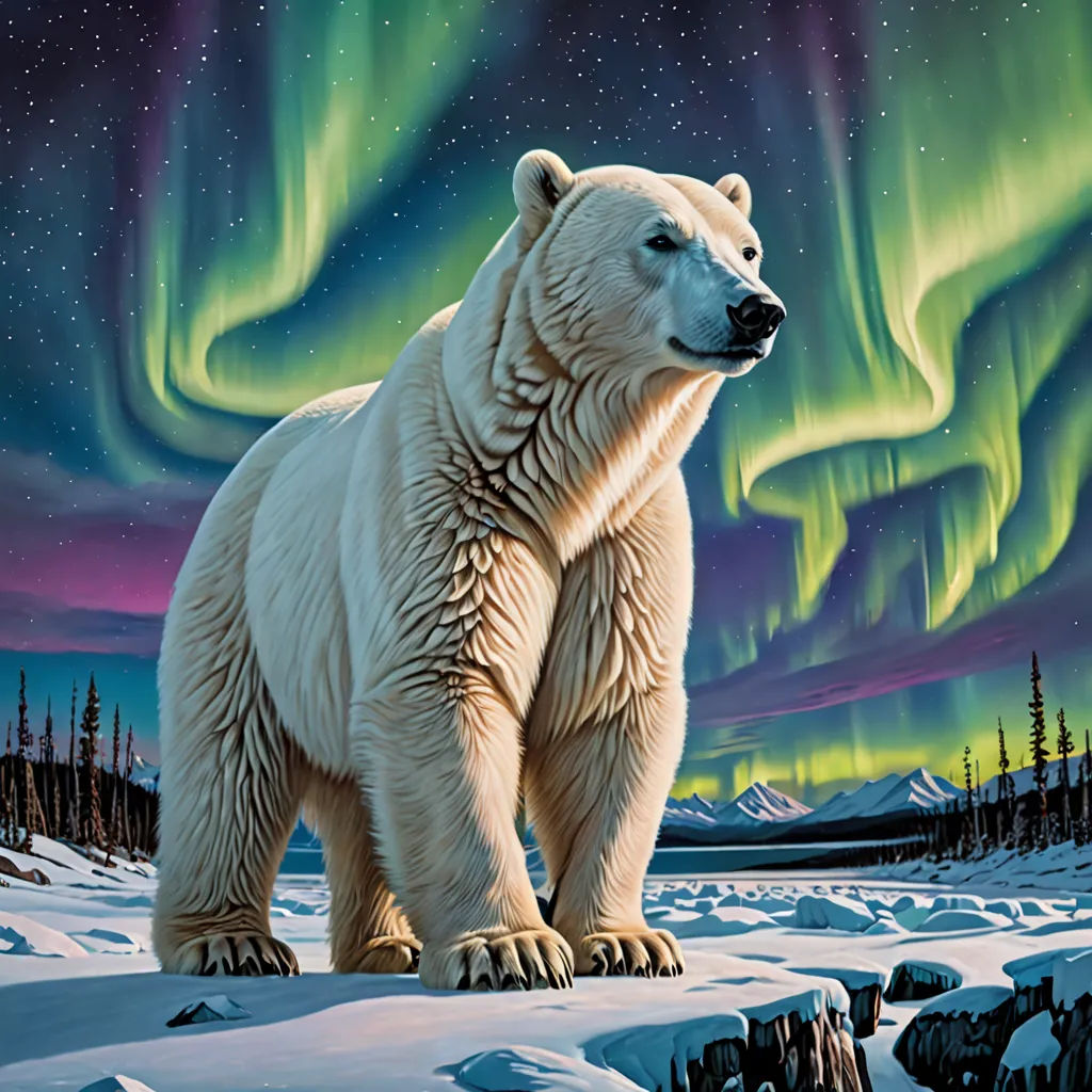 a polar bear standing in the snow with the aurora lights in the background and a purple sky with stars, furry art, an airbrush painting, Dan Mumford, highly detailed digital painting