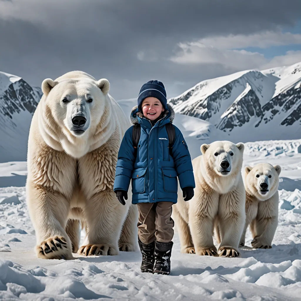 a boy standing between two polar bears in the snow with mountains in the background and a cloudy sky above, art photography, a stock photo, Artur Tarnowski, award - winning photo