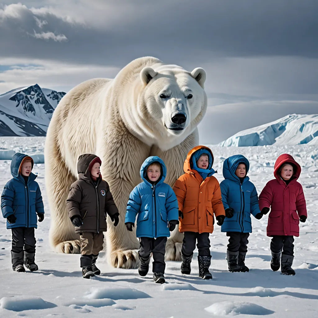 a group of children standing next to a polar bear on a snowy field with mountains in the background and a cloudy sky, ecological art, a storybook illustration, Christian Hilfgott Brand, promotional image