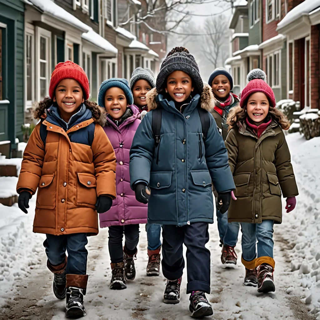 a group of children walking down a snow covered street in winter coats and hats, all smiling at the camera, harlem renaissance, a stock photo, Bourgeois, promotional image