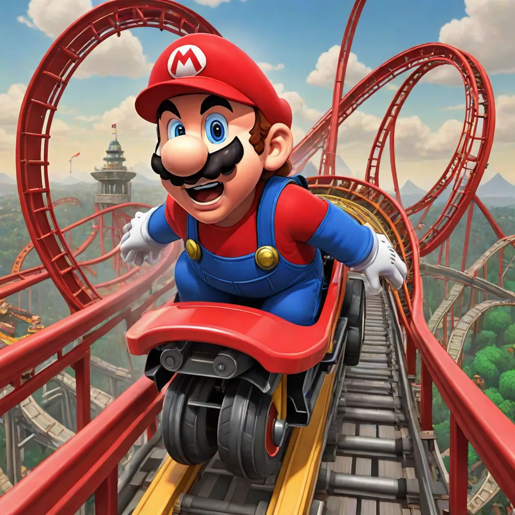 a mario kart rides a roller coaster in a cartoon style scene with a roller coaster in the background, sots art, concept art, Chris LaBrooy, promotional image