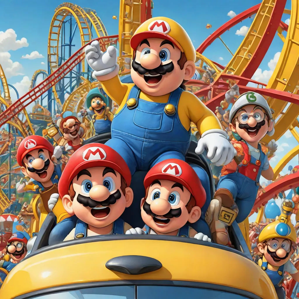 a group of people riding on top of a car in front of a roller coaster at a theme park, sots art, concept art, Chris LaBrooy, official art