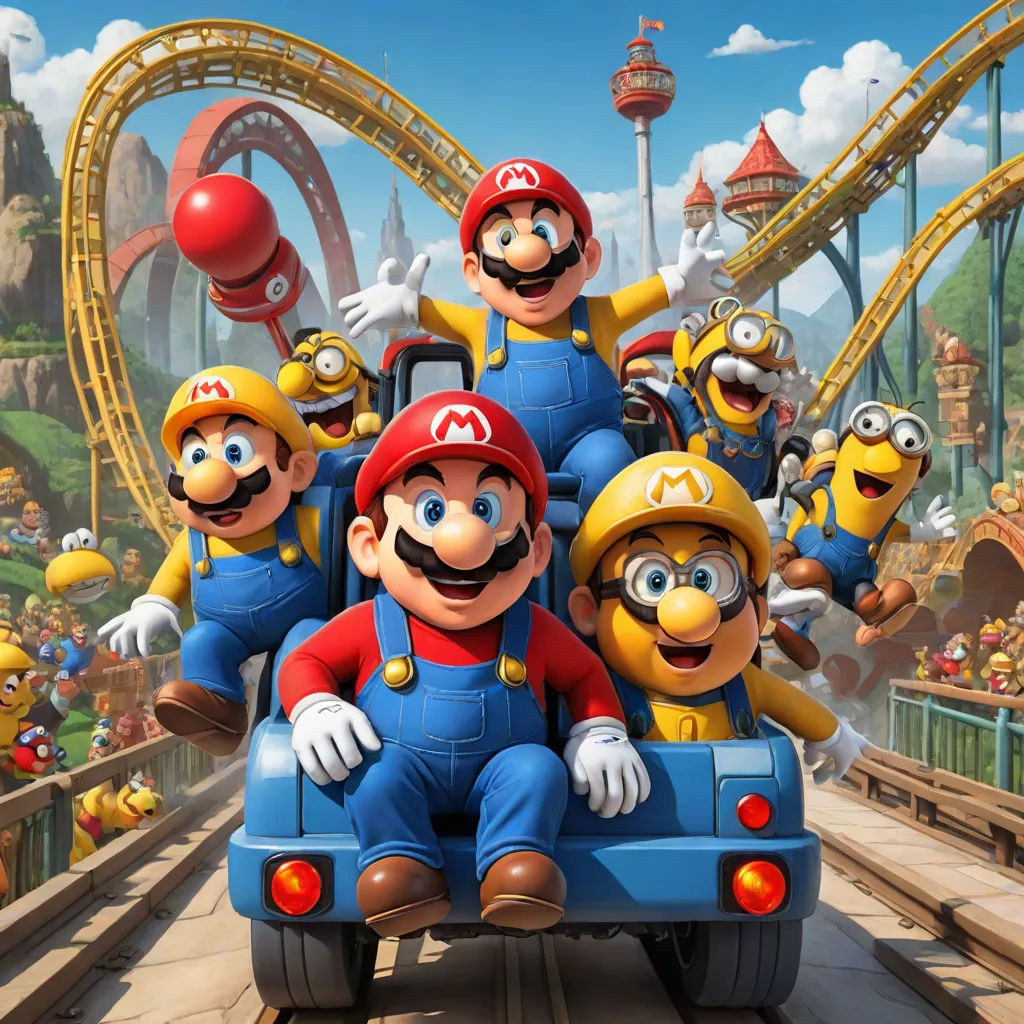 a group of people riding on the back of a car in front of a roller coaster at a theme park, sots art, concept art, disney, promotional image