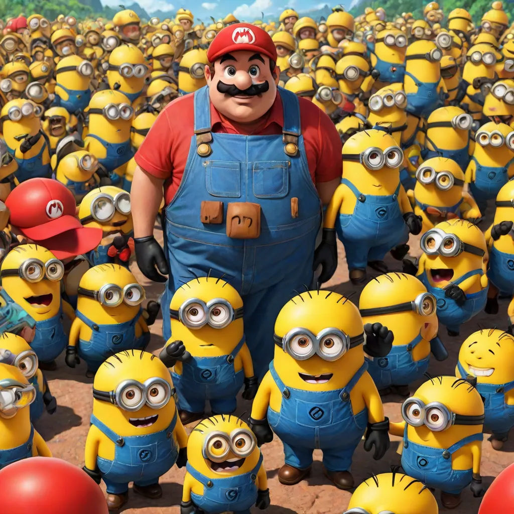 a man standing in front of a bunch of minion characters in a field of red and blue balls, incoherents, concept art, Bernie D’Andrea, pixar and disney animation