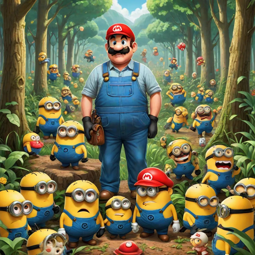 a man standing in front of a group of minion characters in a forest with trees and bushes in the background, pop surrealism, a fine art painting, Chris LaBrooy, 2 d game art