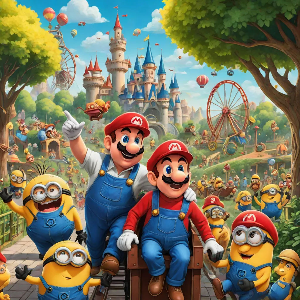 a group of minions and a man in overalls sitting on a bench in front of a castle with a lot of minion characters, sots art, concept art, disney, key art