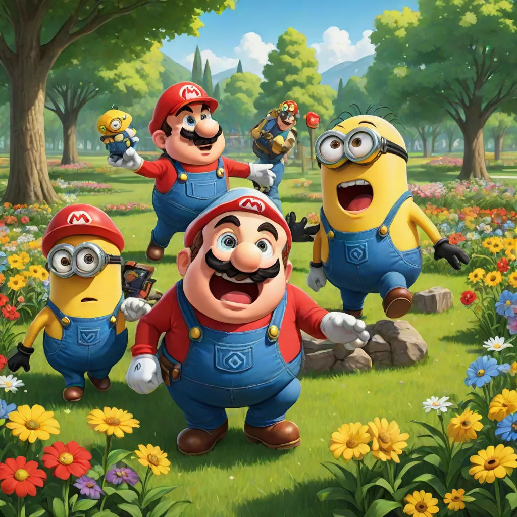 a group of cartoon characters in a field of flowers and trees with a man in a red hat and a woman in blue overalls, sots art, a fine art painting, Chris LaBrooy, official art