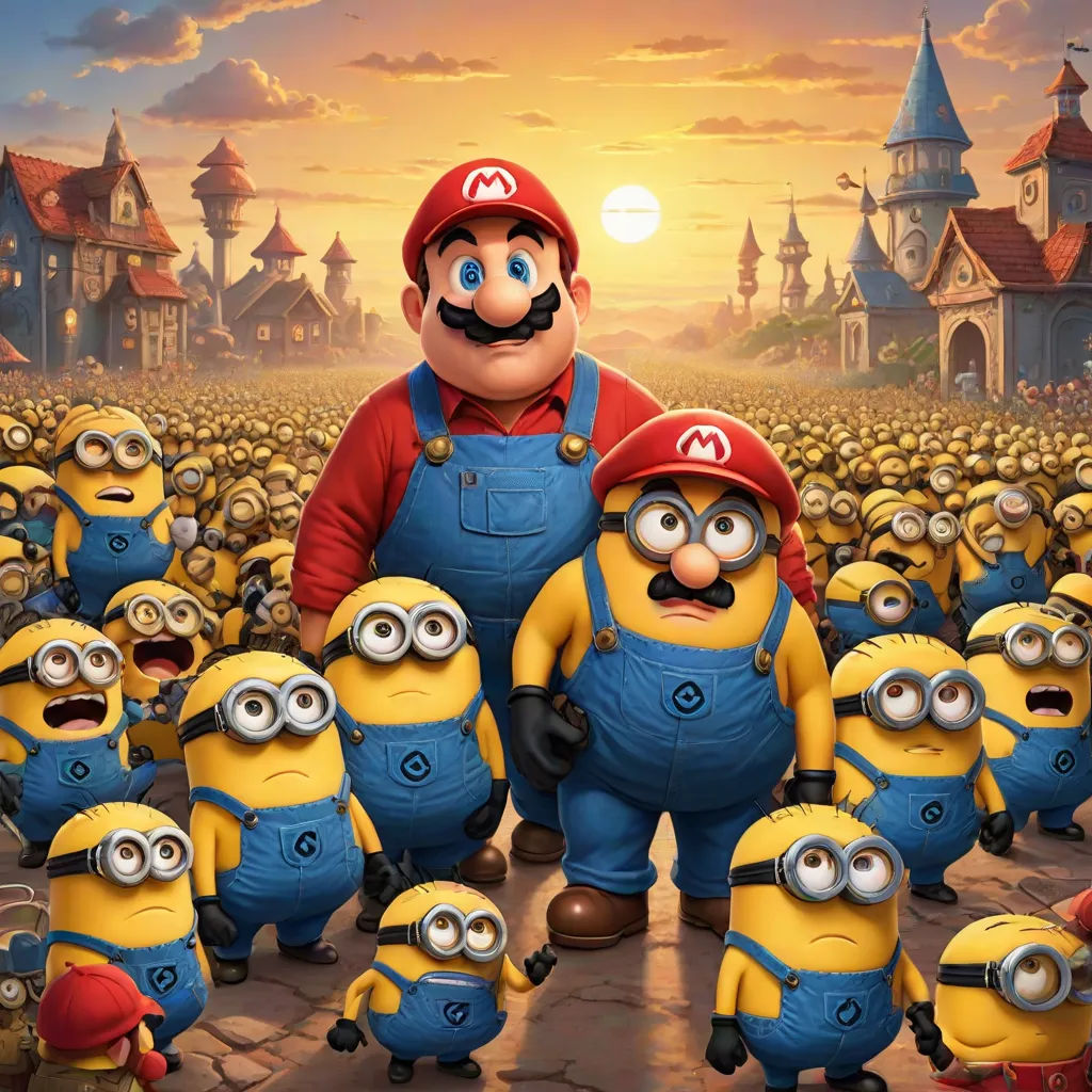 a group of minions with a man in a red hat and a mustache standing in front of a group of minion, sots art, concept art, Dom Qwek, key art