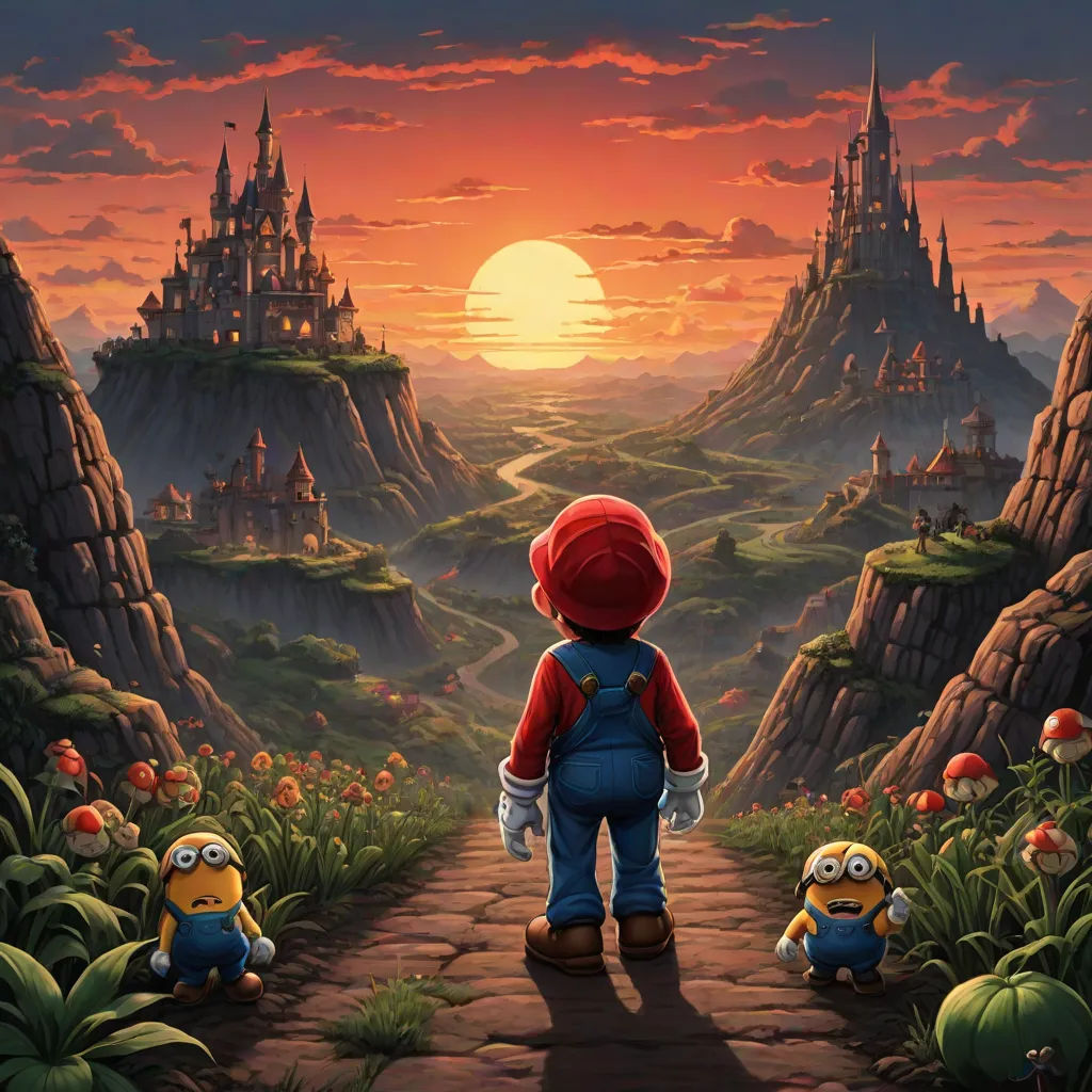 a cartoon character is walking towards a castle with a red hat on and a blue backpack on his back, fantasy art, a detailed matte painting, Chris LaBrooy, key art
