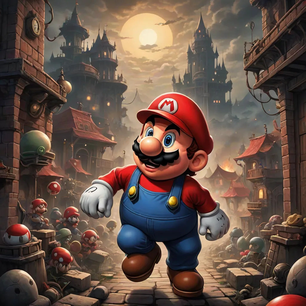 a cartoon character is running through a town with a mushroom on it's head and a moustache on his face, sots art, concept art, Dan Mumford, game art