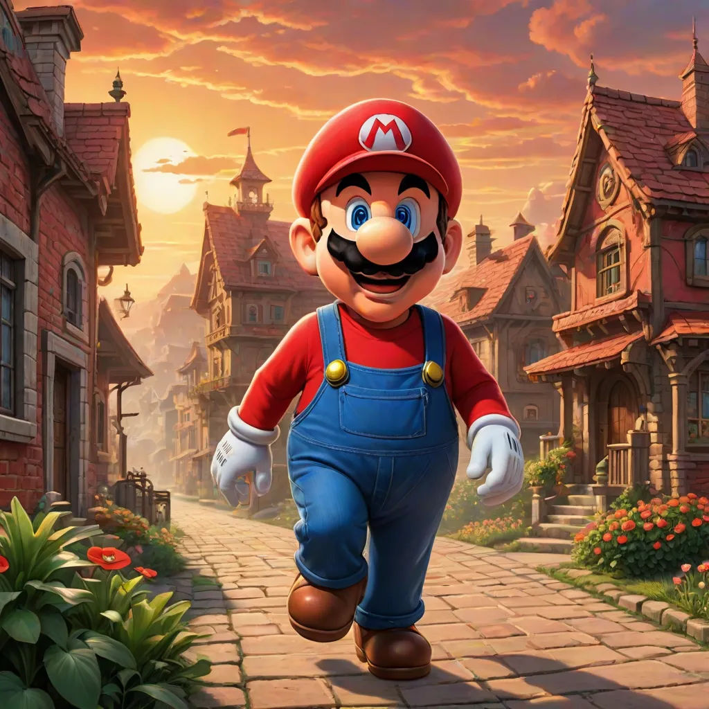 a mario running down a street in front of a house with a red hat on and a blue overalls, sots art, concept art, Chris LaBrooy, official art