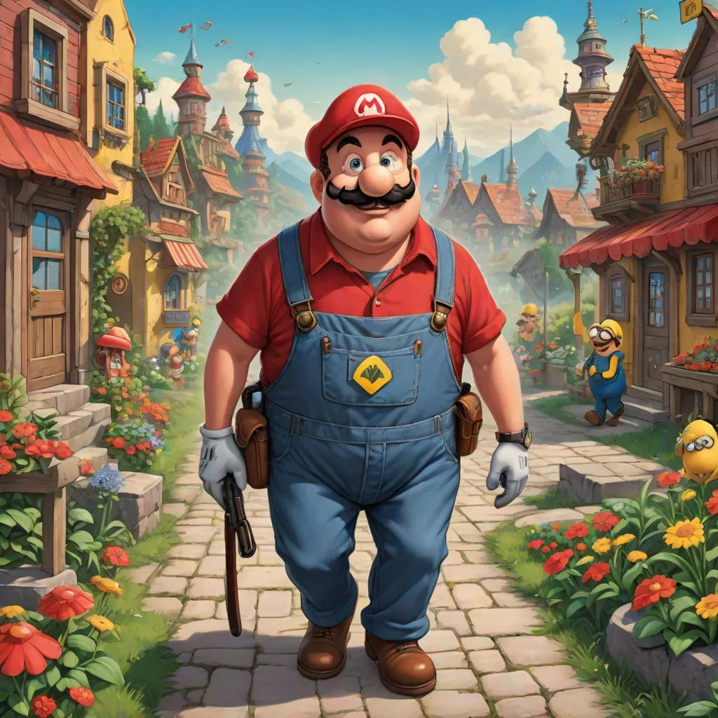 a cartoon character is walking down a street with a mustache and a moustache on his face,, sots art, an ultrafine detailed painting, Chris LaBrooy, game art