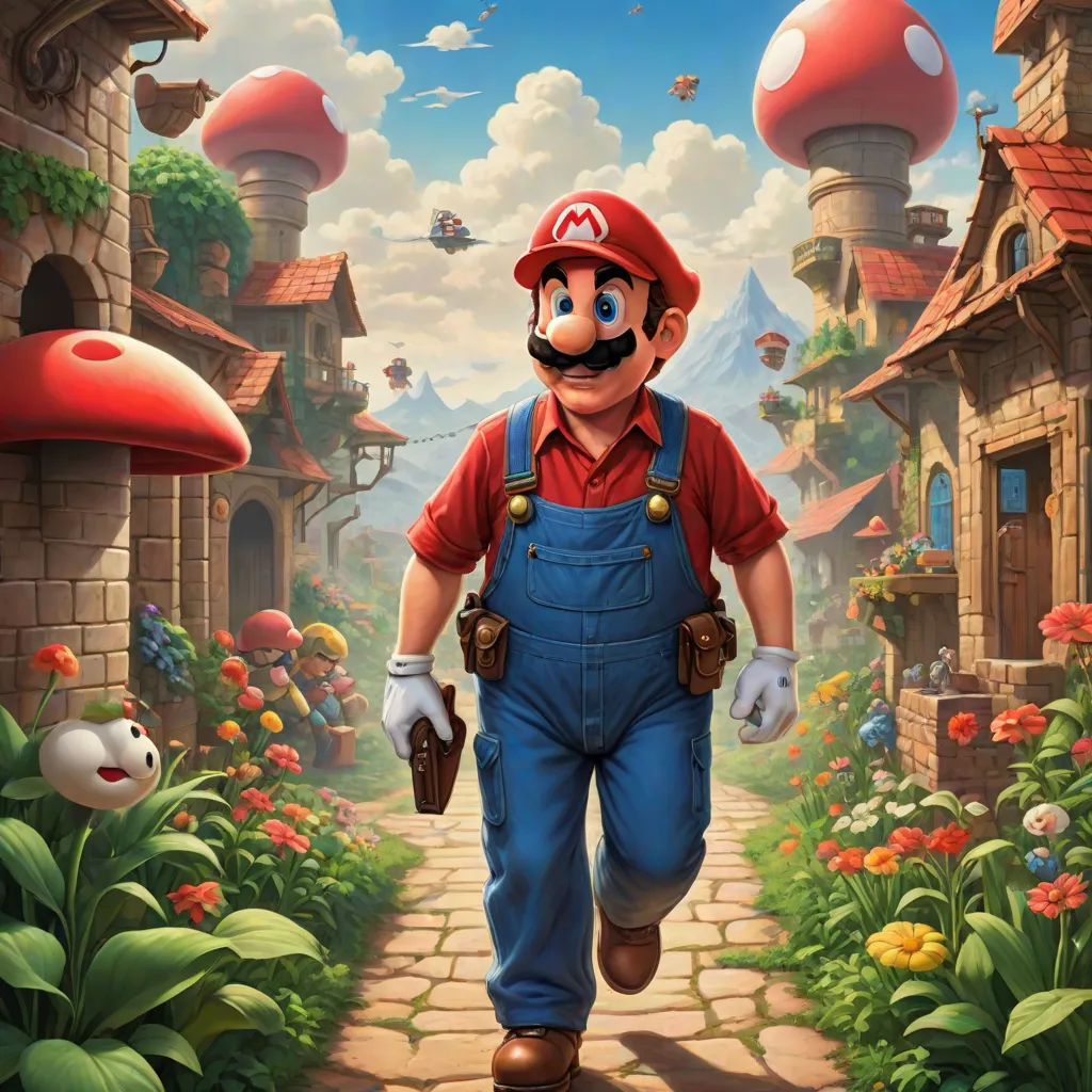 a man in overalls and a red hat walking down a path in front of a mushroom village with a mushroom house, sots art, an ultrafine detailed painting, Chris LaBrooy, official art