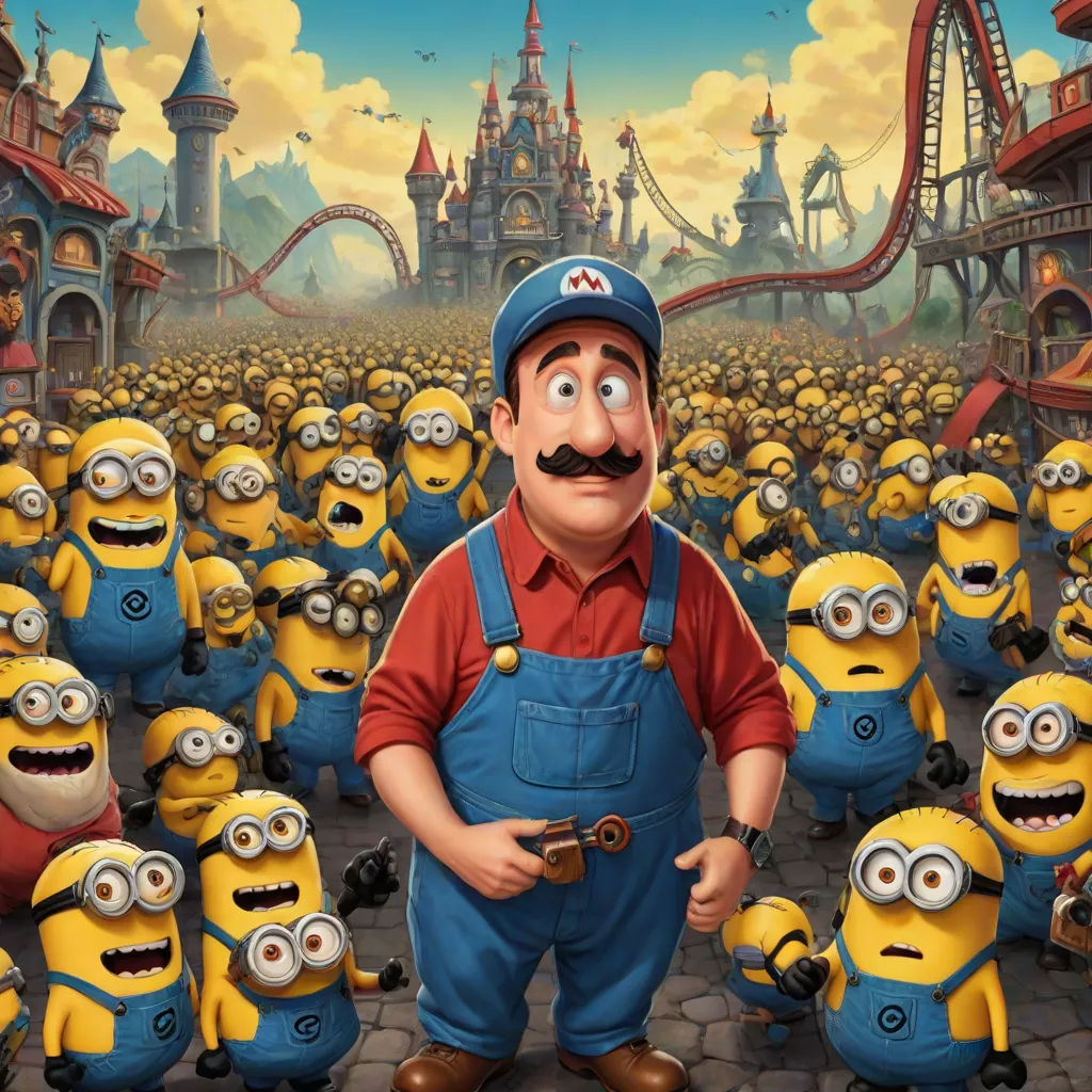 a man standing in front of a bunch of minion characters in a movie poster for despicable me, fantastic realism, a detailed matte painting, disney, pixar and disney animation
