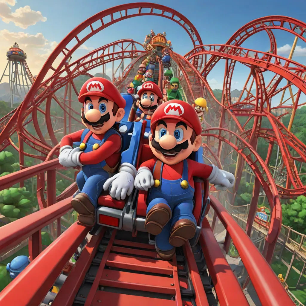 a group of people riding on top of a roller coaster at a theme park in a video game style, sots art, concept art, Chris LaBrooy, promotional image