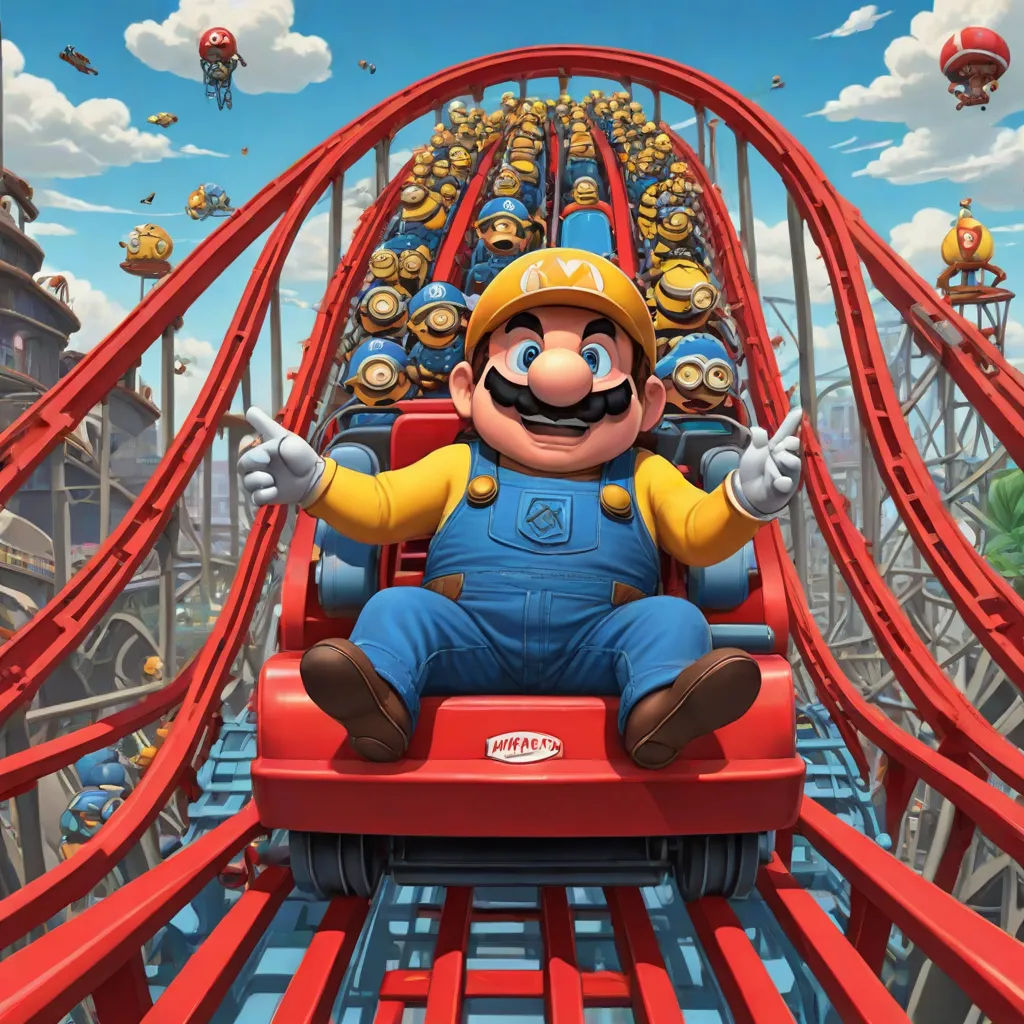 a cartoon character is riding a roller coaster in a roller coaster ride at a theme park in a cartoon style, sots art, a detailed matte painting, Chris LaBrooy, highly detailed digital art