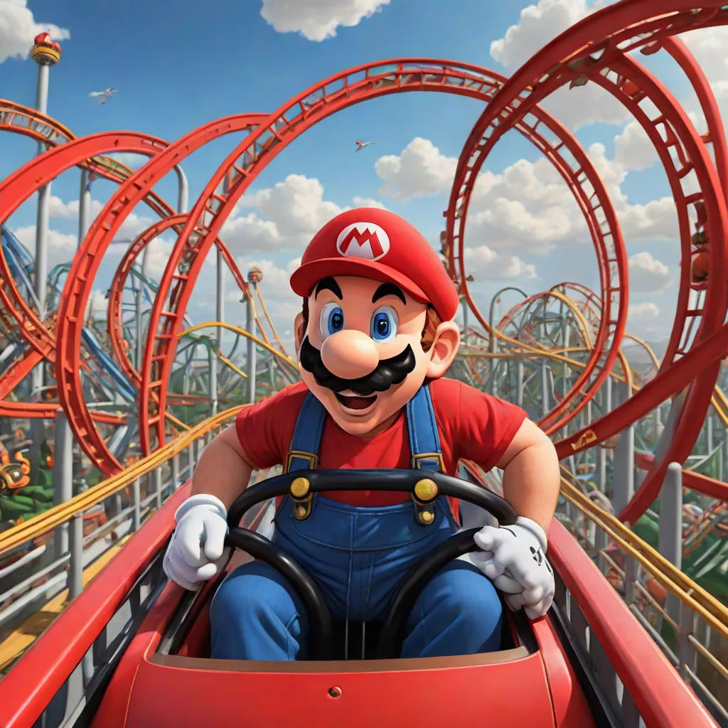 a man driving a red car in front of a roller coaster at a theme park with a red and blue sky, hyperrealism, a photorealistic painting, Chris LaBrooy, game art