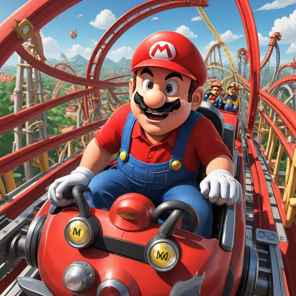 a mario kart ride with a man on it in a park with other people in the background and a roller coaster, sots art, concept art, Chris LaBrooy, official art