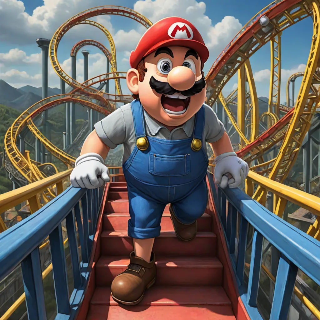 a cartoon character is walking down a set of stairs in a roller coaster park with a roller coaster in the background, sots art, concept art, Chris LaBrooy, official art