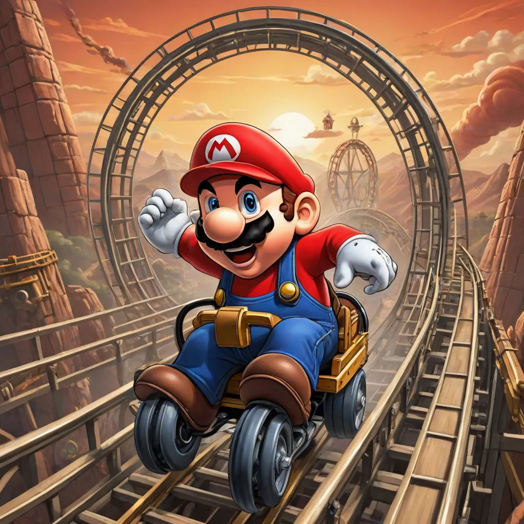 a cartoon character is riding a roller coaster on a track in a roller coaster park with a sunset in the background, sots art, concept art, Chris LaBrooy, 2 d game art