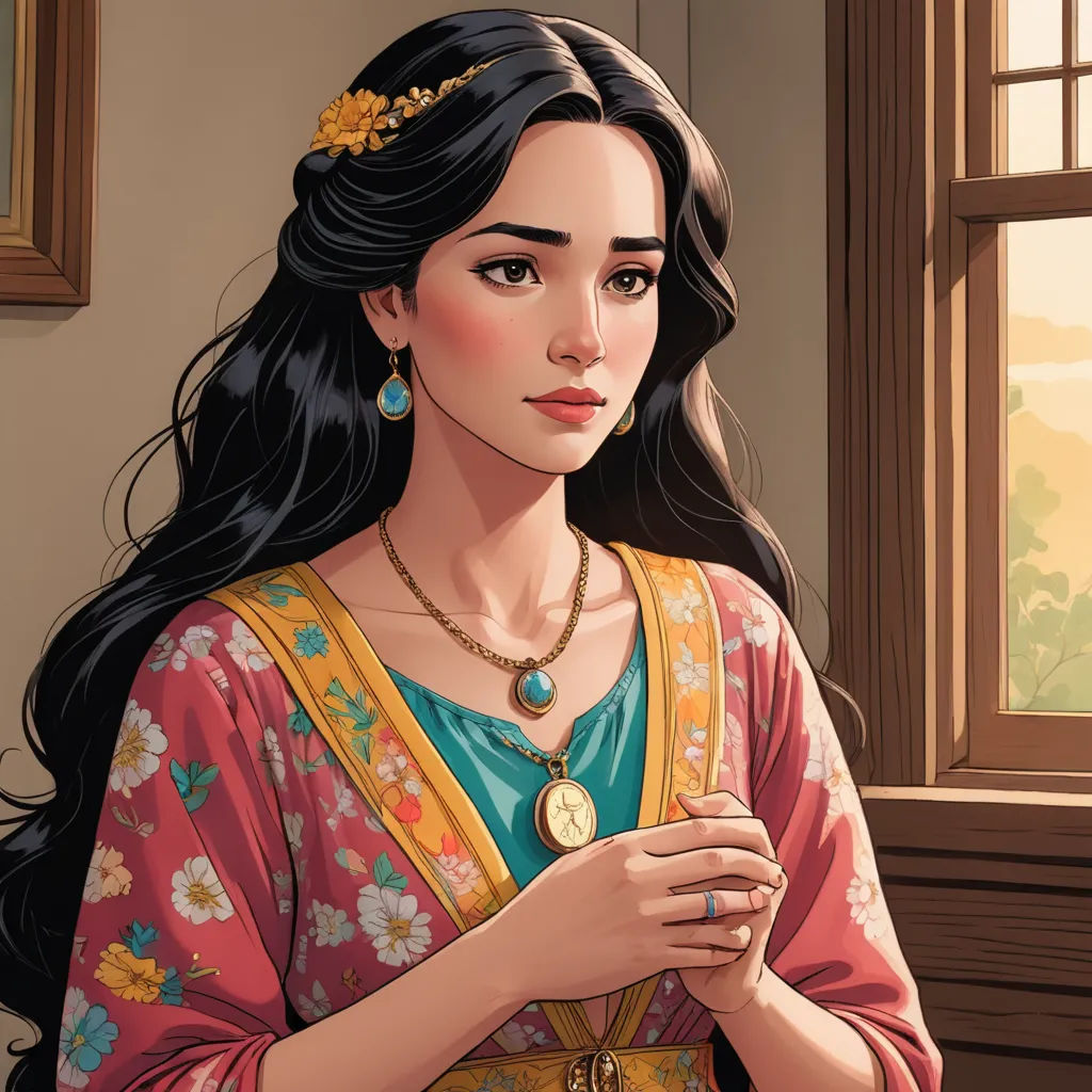 a woman in a red and yellow dress holding a gold medal and a necklace with a flower on it, fantasy art, a character portrait, Araceli Gilbert, kinkade