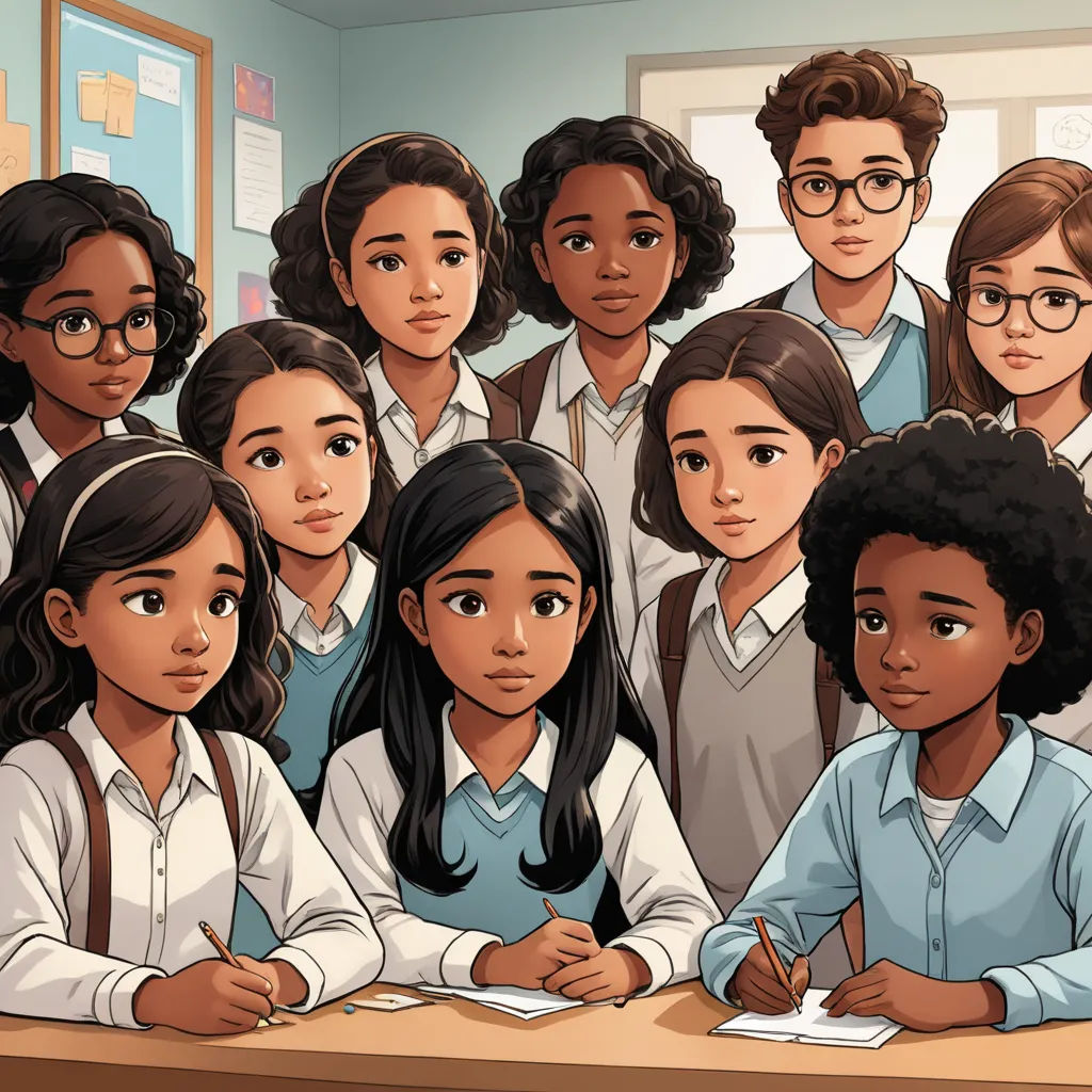 a group of children sitting at a desk with a teacher in front of them and a teacher in the back, harlem renaissance, a comic book panel, Artgerm, official art