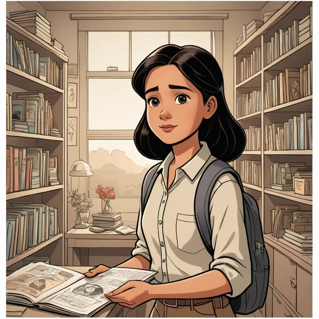 a woman holding a book in a library with a window behind her and a bookcase full of books, academic art, a comic book panel, Audrey Kawasaki, graphic novel