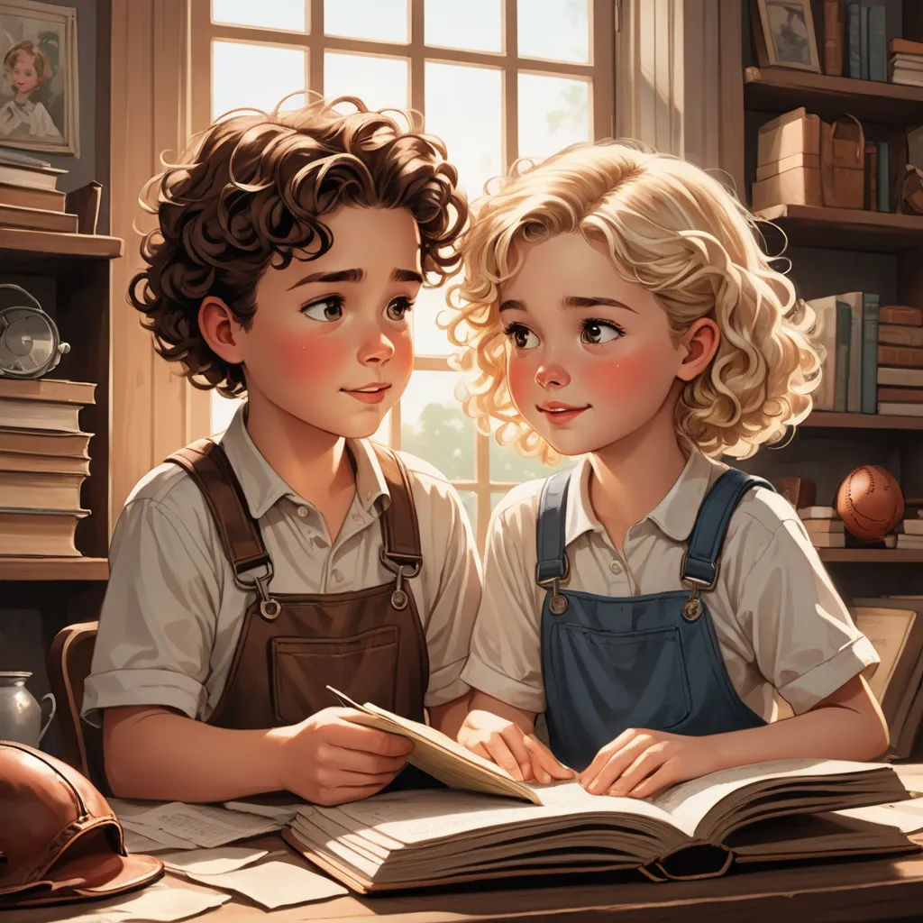 a couple of kids sitting at a table with a book in front of them and a window behind them, fantasy art, a storybook illustration, Charlie Bowater, storybook illustration