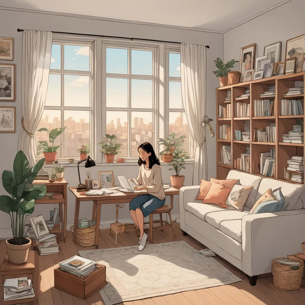 a woman sitting on a couch in a living room reading a book and drinking a cup of coffee while looking out the window, american scene painting, a painting, Atey Ghailan, rossdraws global illumination