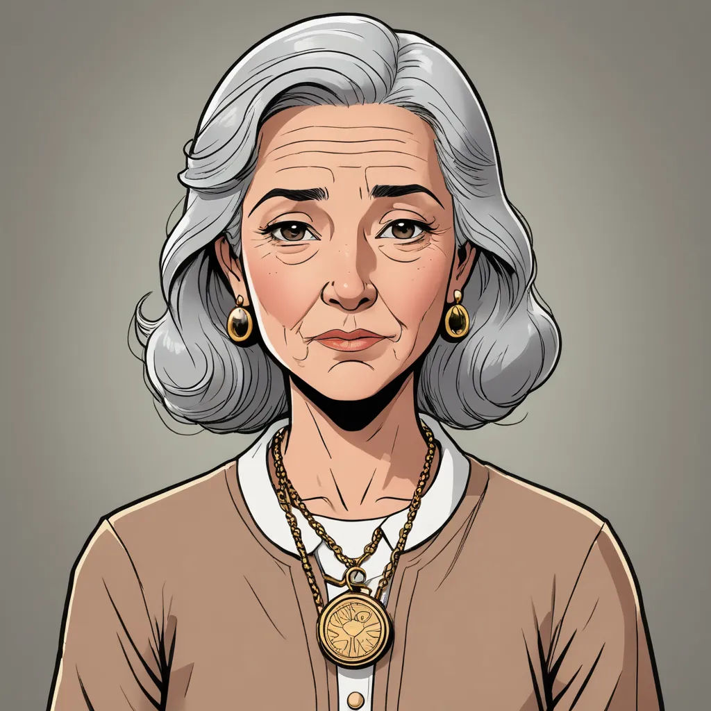 a woman with grey hair and a necklace on her neck, wearing a brown sweater and gold earrings, with a gray background, sots art, a character portrait, Ada Gladys Killins, character portrait