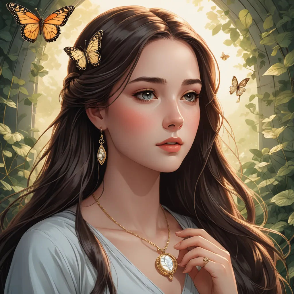 a beautiful young lady with a butterfly on her head and a butterfly on her shoulder, standing in a forest, fantasy art, a detailed painting, Charlie Bowater, trending on art station