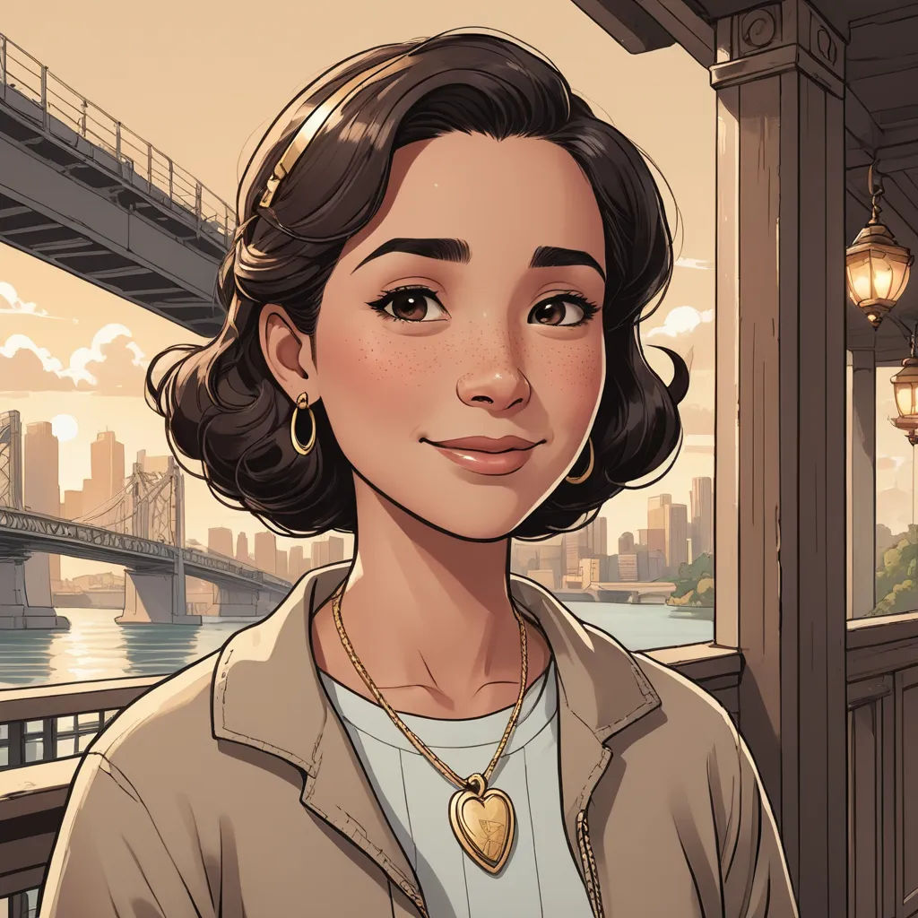 a woman with a necklace and a necklace on her neck standing in front of a bridge and a river, harlem renaissance, a character portrait, Constance Gordon-Cumming, kinkade