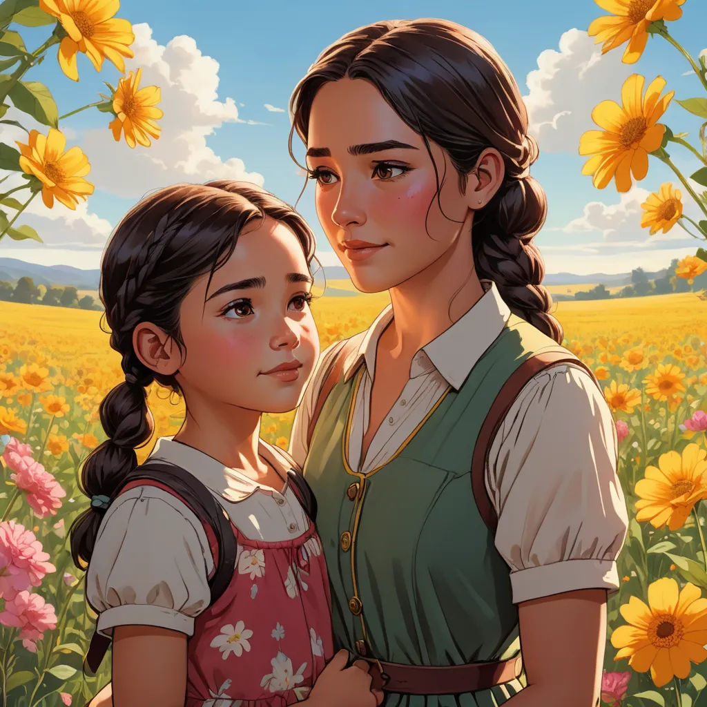 a painting of two girls standing in a field of flowers with a sky background and sunflowers in the background, socialist realism, a storybook illustration, Artgerm, trending on art station