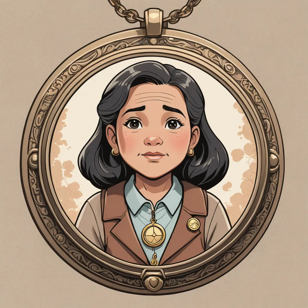 a woman in a necklace with a picture of herself in it's frame on a chain that is hanging from a chain, art nouveau, a character portrait, Clarice Beckett, character portrait