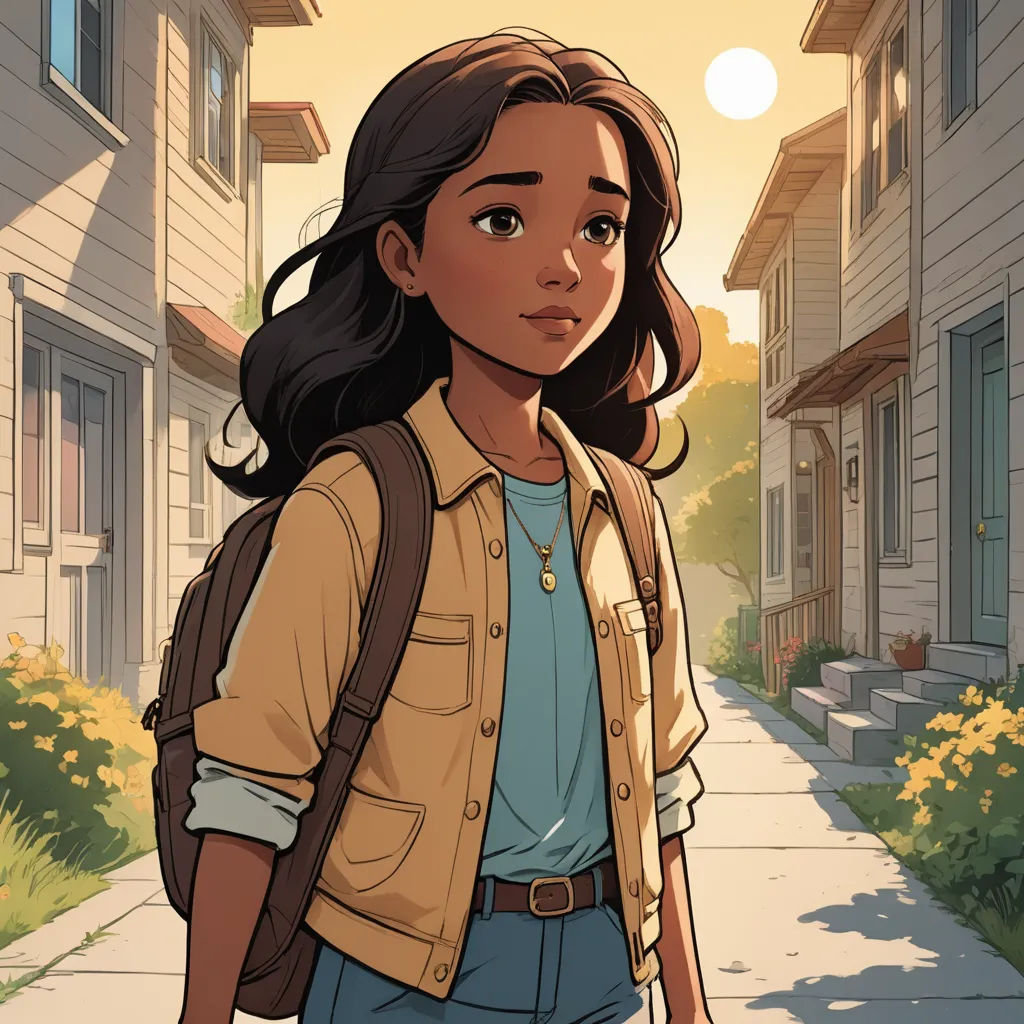 a woman with a backpack is walking down a street in a cartoon style, with houses in the background, american scene painting, a comic book panel, Cliff Childs, comic cover art