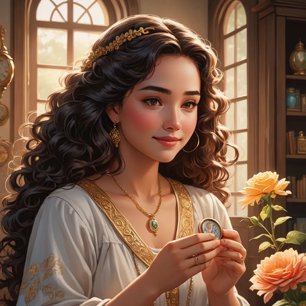 a painting of a woman holding a ring and a flower in her hand and a clock in the background, fantasy art, a storybook illustration, Charlie Bowater, kinkade