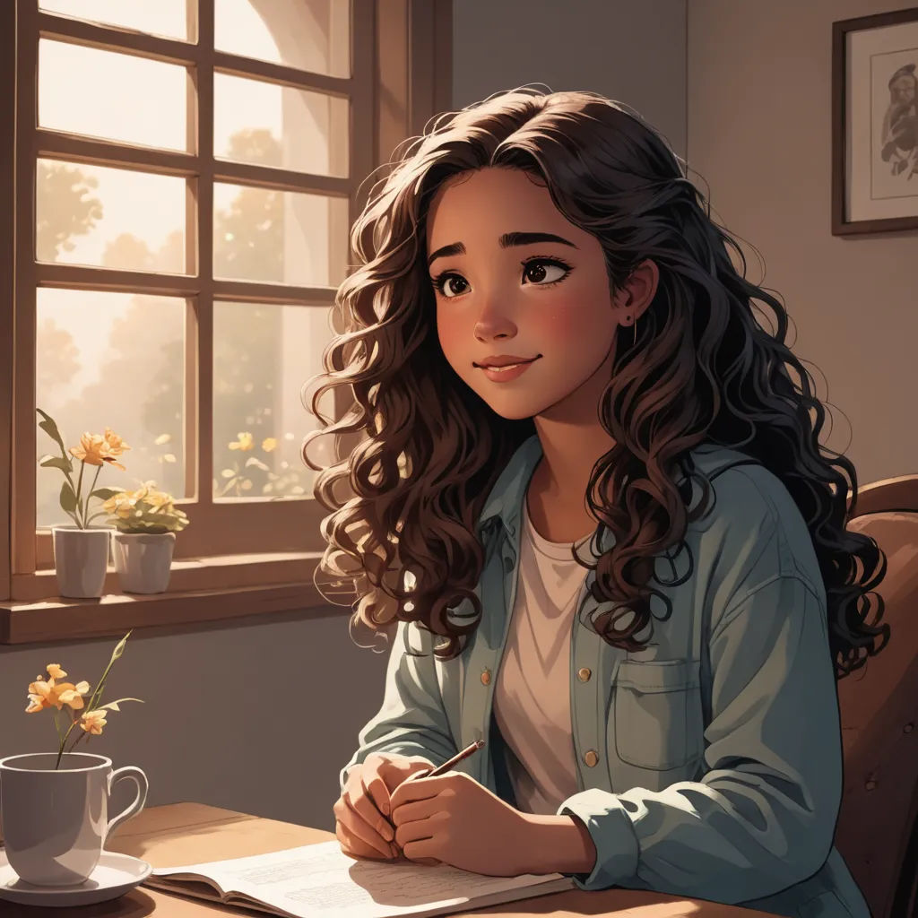 a girl sitting at a table with a cup of coffee and a pen in her hand and a book in front of her, american scene painting, a storybook illustration, Charlie Bowater, rossdraws global illumination