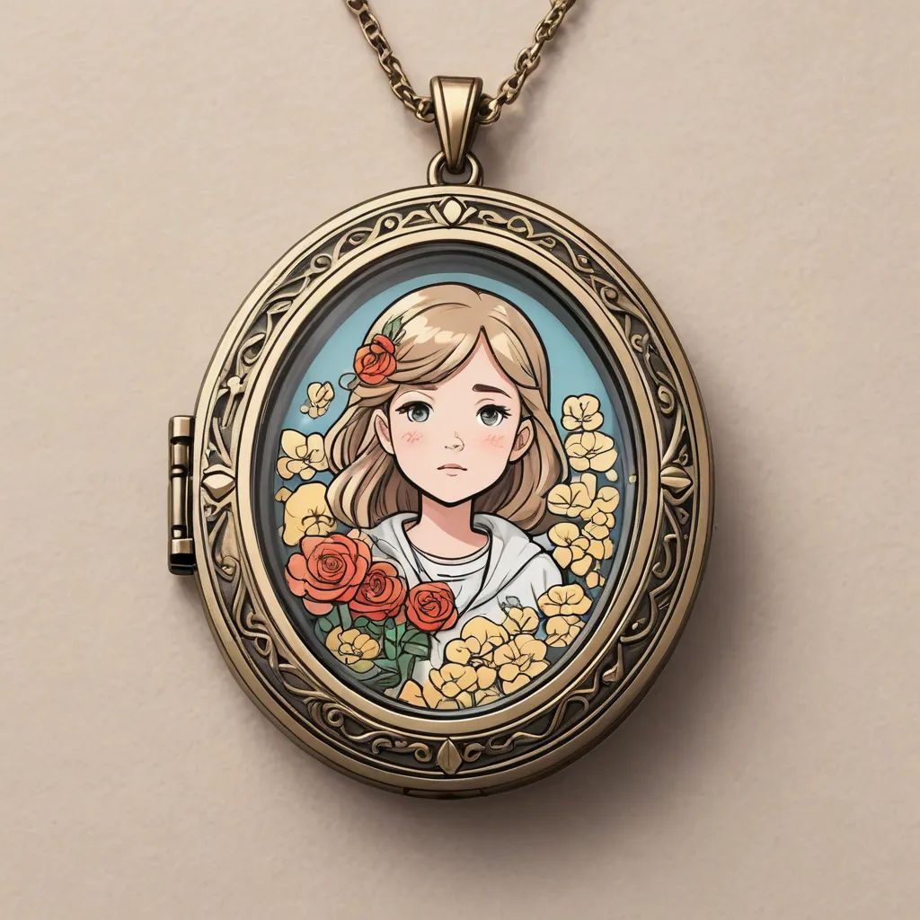 a locke with a picture of a girl inside of it on a chain necklace with a flower on it, cloisonnism, a character portrait, Clarice Beckett, trending on art station
