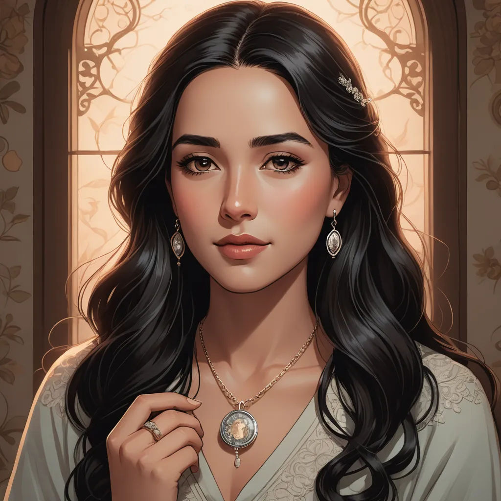 a woman with long black hair wearing a necklace and earrings, standing in front of a window with a stained glass, fantasy art, a character portrait, Charlie Bowater, fantasy character portrait