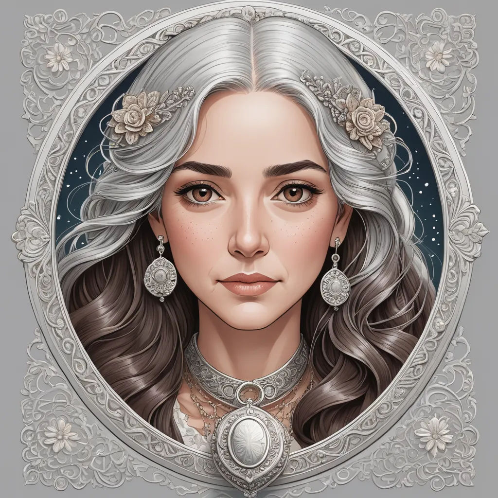 a portrait of a woman with long hair and a necklace on her neck, in a silver frame with a flower, fantasy art, a character portrait, Charlie Bowater, highly detailed digital painting