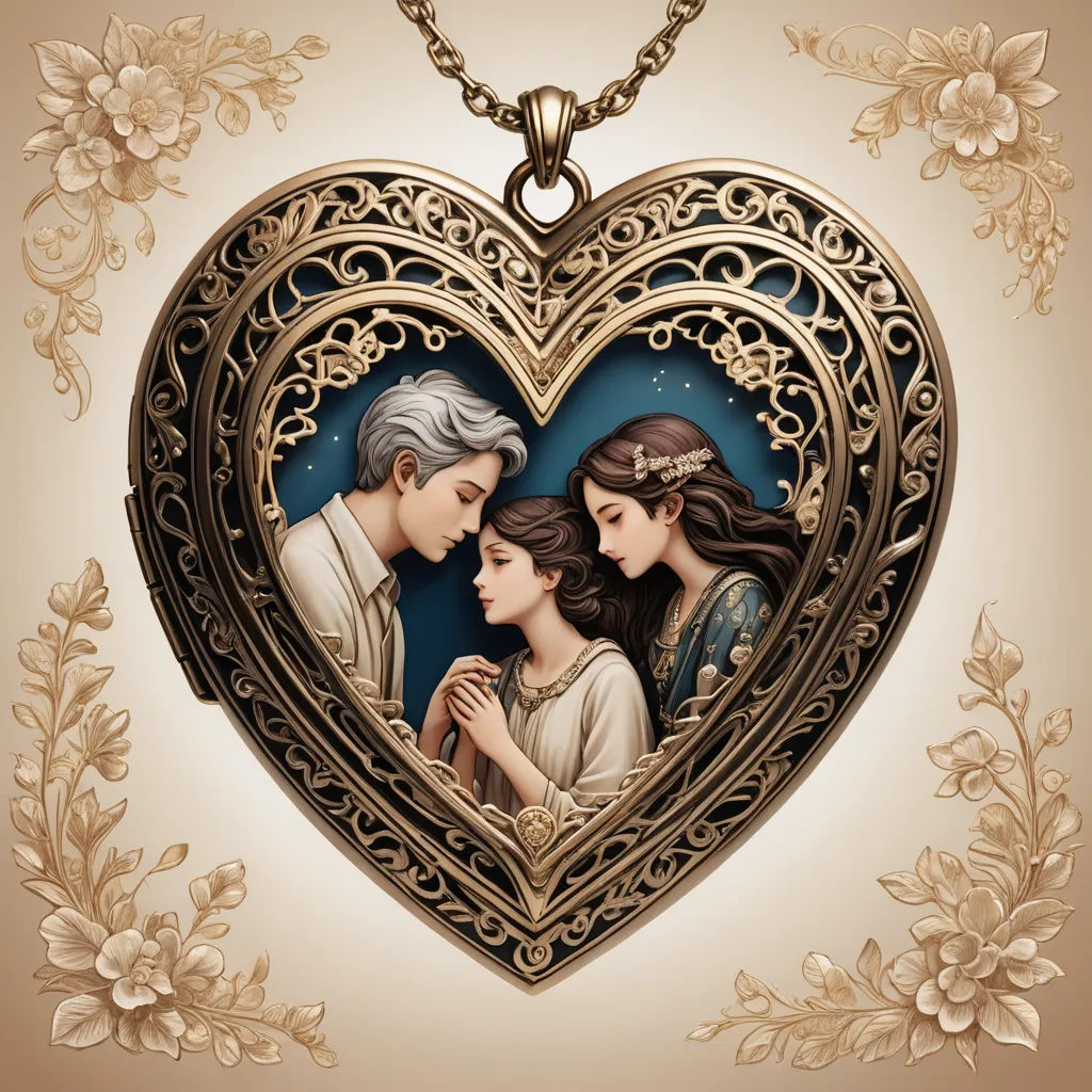 a heart shaped locke with two women inside of it and a gold chain hanging from the front of it, gothic art, a storybook illustration, Charlie Bowater, detailed art