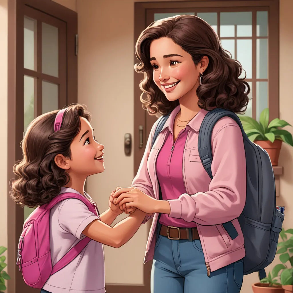 a cartoon of a woman and a girl holding hands and smiling at each other in a room with potted plants, american scene painting, a storybook illustration, disney, kinkade