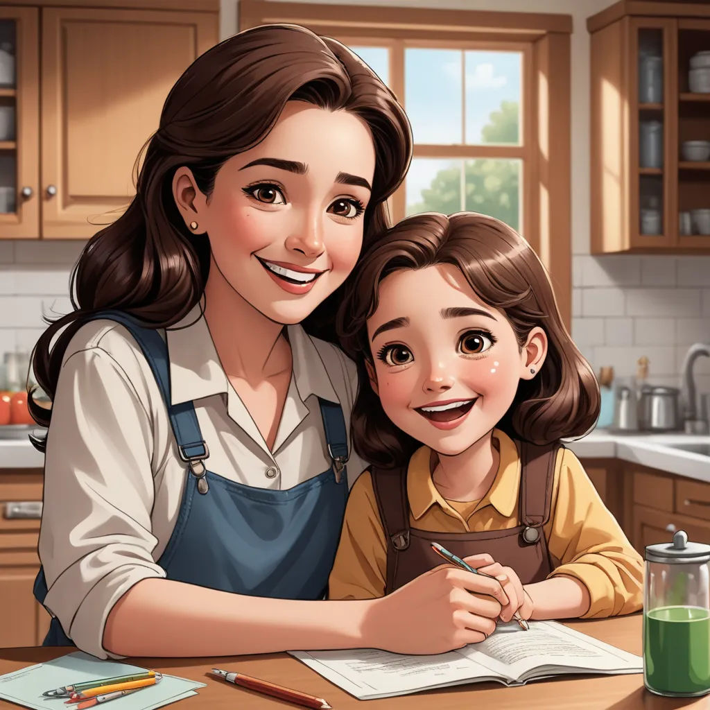 a woman and a child are smiling while they are doing something on a table in a kitchen with a green cup, remodernism, a storybook illustration, Artgerm, storybook illustration