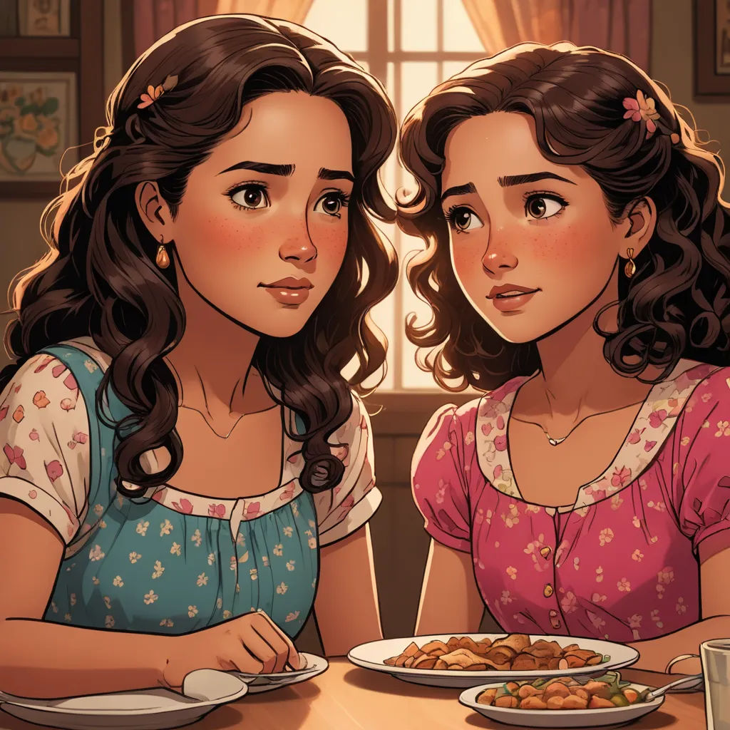 two girls sitting at a table with plates of food in front of them, one of them is eating, serial art, a storybook illustration, Brothers Hildebrandt, kinkade