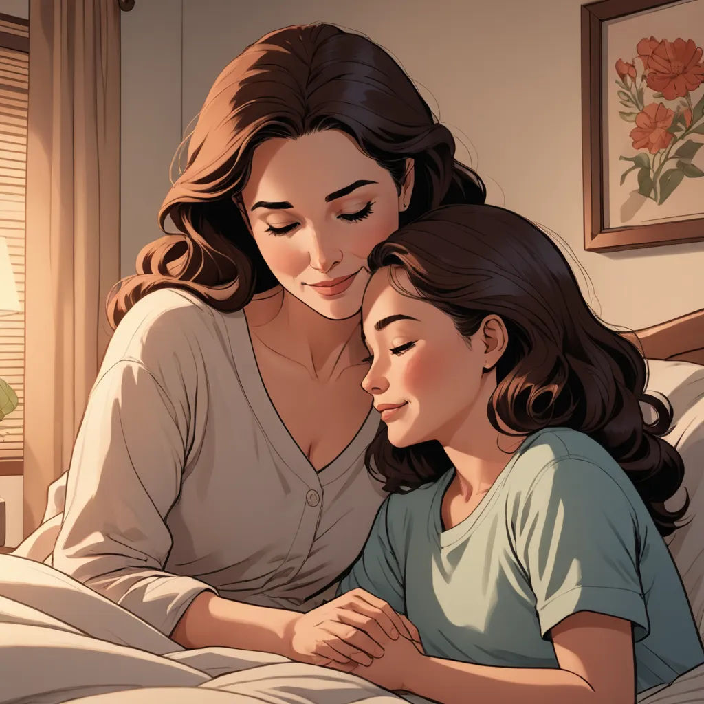 a woman and a child are sitting on a bed together, both looking at a phone screen and smiling, remodernism, a comic book panel, Artgerm, graphic novel