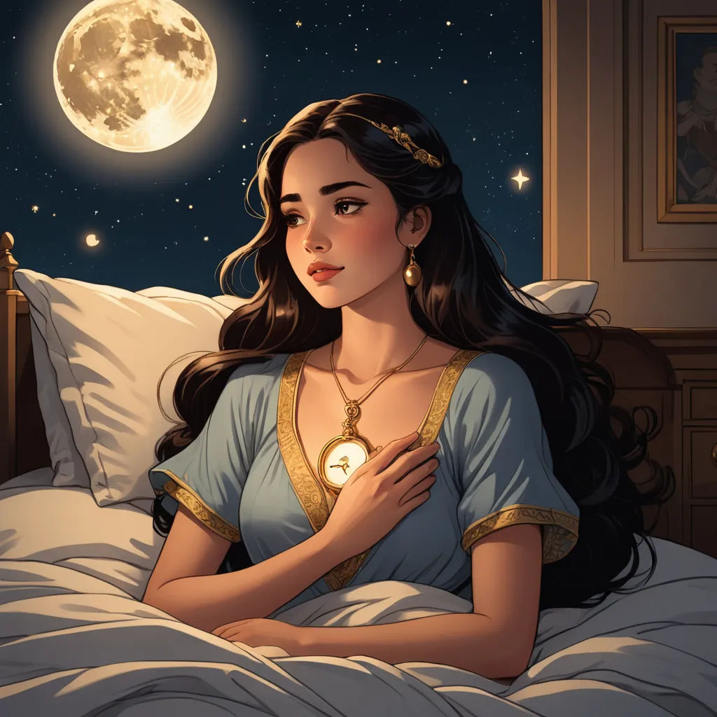 a woman in a blue dress sitting on a bed under a full moon with a clock in her hand, fantasy art, a storybook illustration, Edwin Georgi, rossdraws global illumination