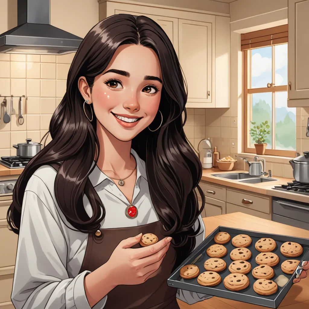 a woman holding a tray of cookies in a kitchen with a window behind her and a stove top oven, remodernism, a character portrait, Constance Gordon-Cumming, kinkade
