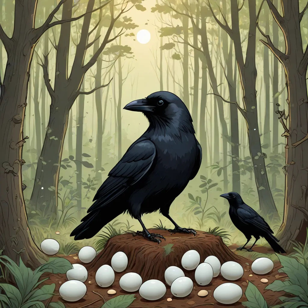 two black crows standing on a stump in a forest with eggs in the ground and trees in the background, gothic art, a storybook illustration, Dan Mumford, storybook illustration