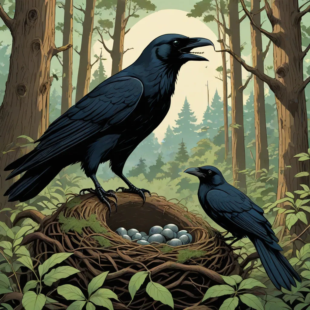 two crows are sitting on a nest in the woods with eggs in it and one crow is looking at the nest, fantasy art, a storybook illustration, Dan Mumford, josan gonzales and dan mumford