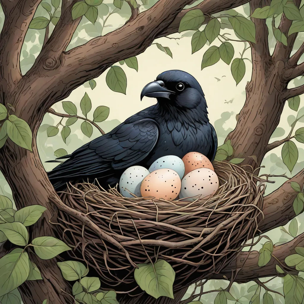 a bird sitting on top of a nest with eggs in it's nest on a tree branch with leaves, fantasy art, a storybook illustration, Dan Mumford, highly detailed digital painting